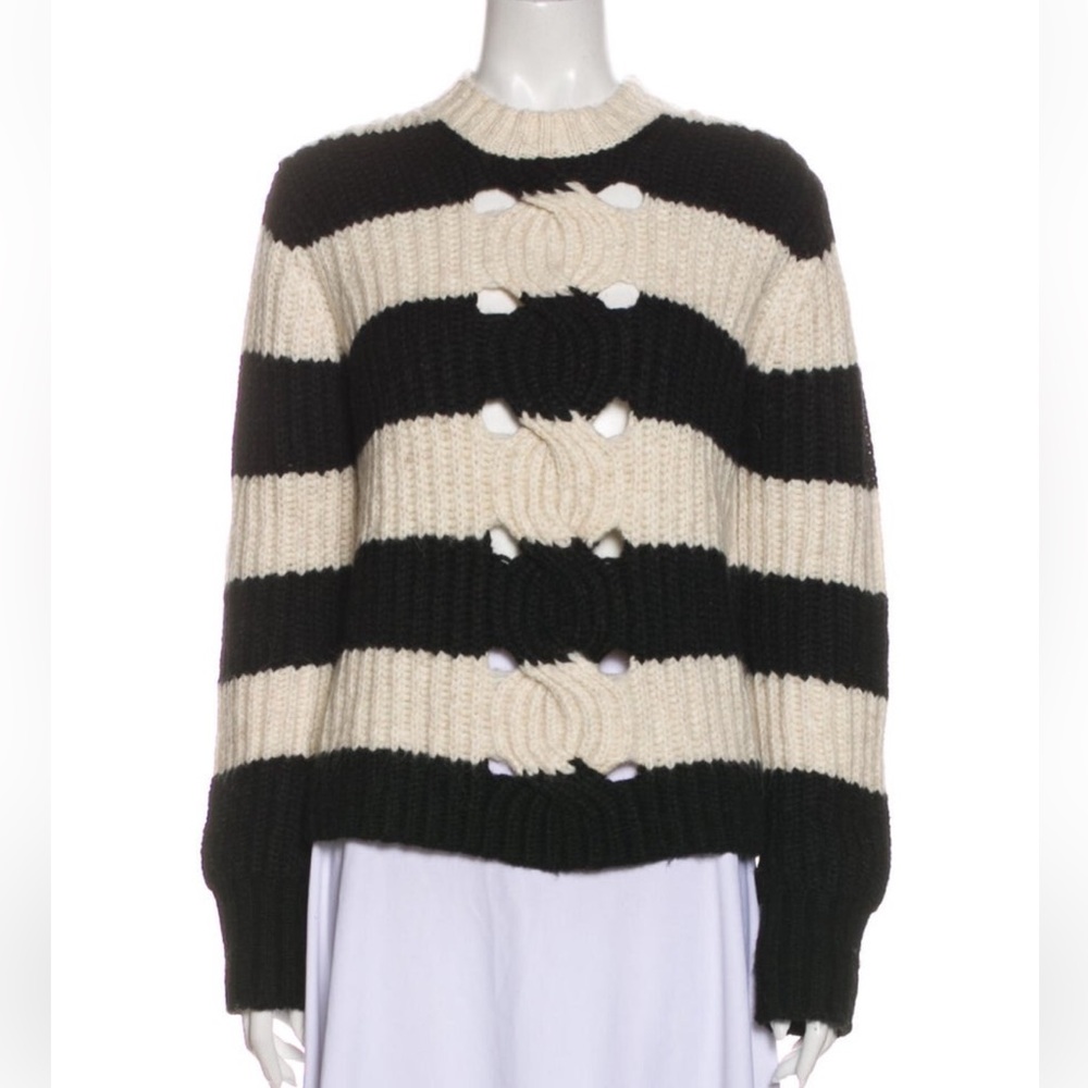 Thakoon Addition Striped Black and White Cream Sweater with Cut Outs Alpaca Wool